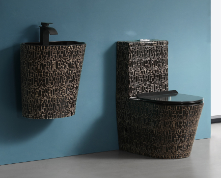 Lavoar suspendat, ceramica sanitara, finisaj negru glazurat/auriu 45 x 35 x 50 cm P123CR2 [1]