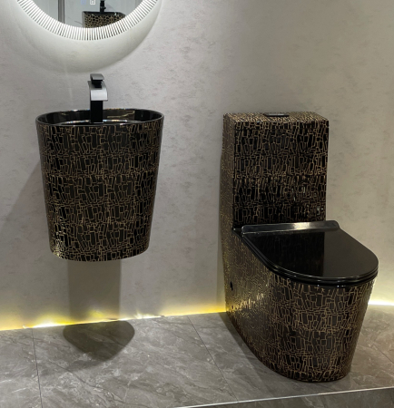 Lavoar suspendat, ceramica sanitara, finisaj negru glazurat/auriu 45 x 35 x 50 cm P123CR2 [4]