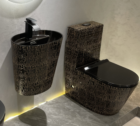 Lavoar suspendat, ceramica sanitara, finisaj negru glazurat/auriu 45 x 35 x 50 cm P123CR2 [2]