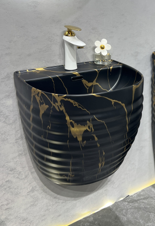 Lavoar suspendat, negru/auriu, ceramica sanitara, 42 x 40 x 42 cm P127CW62 [2]