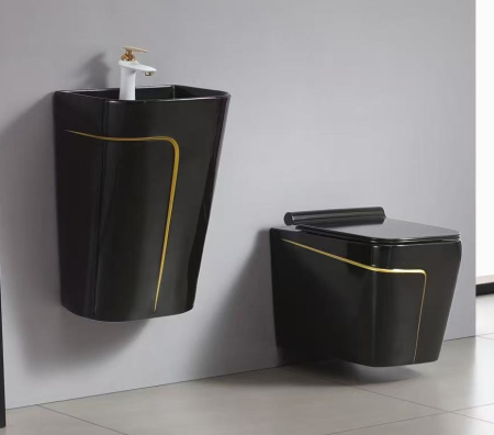 Lavoar suspendat, negru lucios/auriu, ceramica sanitara, 41 x 34 x 62 cm P130BG [1]