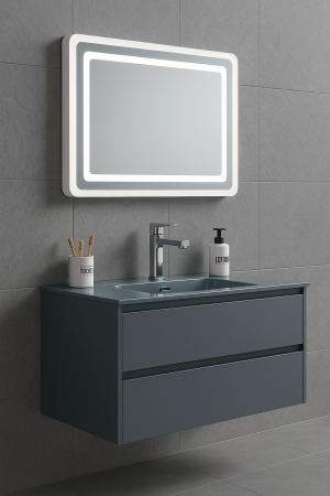 Set Mobilier Baie 80 cm Antracit – cu lavoar din sticla si Oglinda LED GGS24 [1]