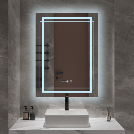 Oglindă baie cu LED și funcție dezaburire 60×80 cm – Touch, 3 culori, ceas digital - 002 [1]