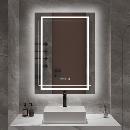 Oglinzi - Oglindă baie cu LED și funcție dezaburire 60×80 cm – Touch, 3 culori, ceas digital - 002