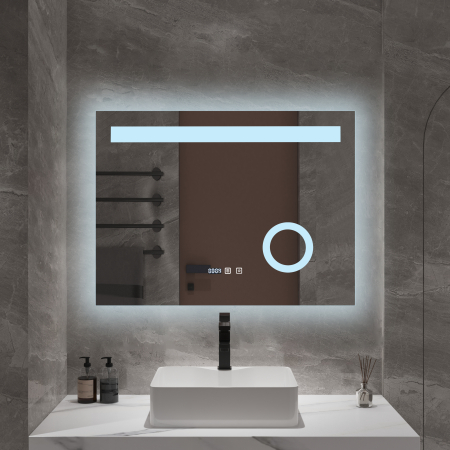 Oglindă baie cu LED și funcție dezaburire 60×80 cm – Touch, 3 culori, ceas digital - 1004 [1]