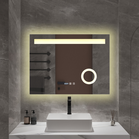 Oglindă baie cu LED și funcție dezaburire 60×80 cm – Touch, 3 culori, ceas digital - 1004 [2]