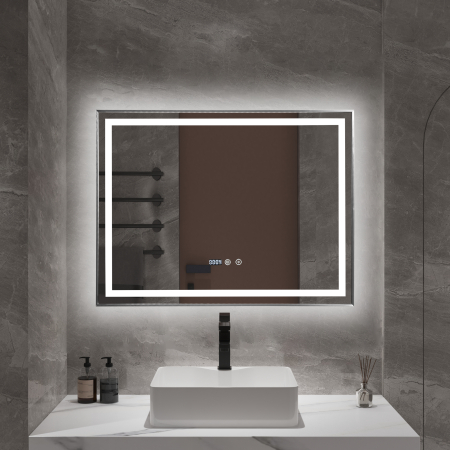 Oglinzi - Oglindă baie cu LED și funcție dezaburire 60×80 cm – Touch, 3 culori, ceas digital - 96