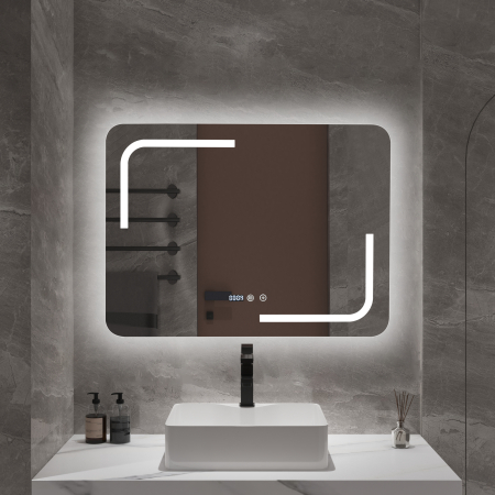 Oglinzi - Oglindă baie cu LED și funcție dezaburire 60×80 cm – Touch, 3 culori, ceas digital - 1021