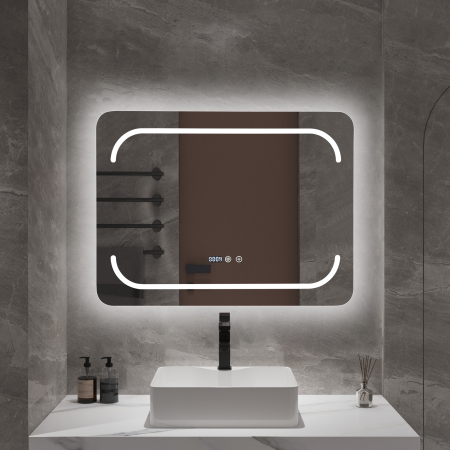 Oglinzi - Oglindă baie cu LED și funcție dezaburire 60×80 cm – Touch, 3 culori, ceas digital - 1023