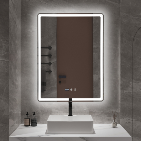 Oglinzi - Oglindă baie cu LED și funcție dezaburire 60×80 cm – Touch, 3 culori, ceas digital - 1058