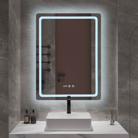 Oglindă baie cu LED și funcție dezaburire 60×80 cm – Touch, 3 culori, ceas digital - 1065 [1]