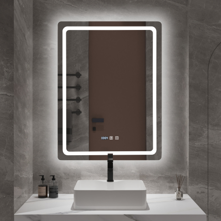 Oglinzi - Oglindă baie cu LED și funcție dezaburire 60×80 cm – Touch, 3 culori, ceas digital - 1065