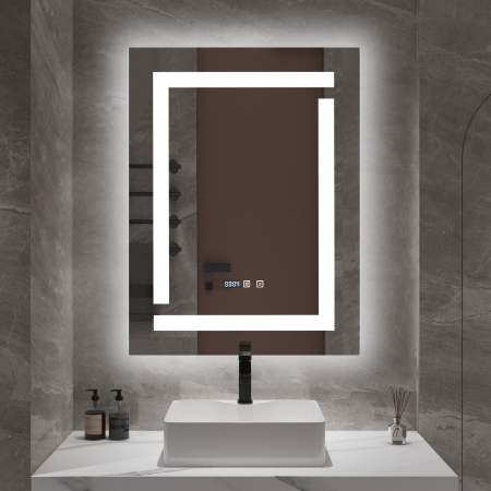 Oglinzi - Oglindă baie cu LED și funcție dezaburire 60×80 cm – Touch, 3 culori, ceas digital - 1085