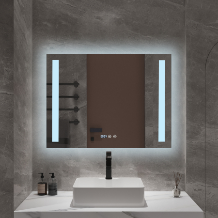 Oglindă baie cu LED și funcție dezaburire 60×80 cm – Touch, 3 culori, ceas digital - 110 [1]