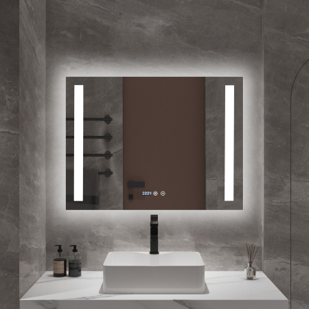 Oglinzi - Oglindă baie cu LED și funcție dezaburire 60×80 cm – Touch, 3 culori, ceas digital - 110