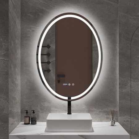 Oglinzi - Oglindă baie ovală cu LED și funcție dezaburire 60×80 cm - Touch, 3 culori, ceas digital - 66