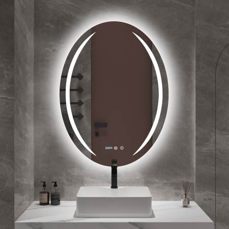 Oglinzi - Oglindă LED ovală cu funcție de dezaburire 60×80 cm – Touch, 3 culori, ceas digital - 1153