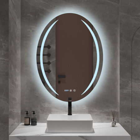 Oglindă LED ovală cu funcție de dezaburire 60×80 cm – Touch, 3 culori, ceas digital - 1153 [2]
