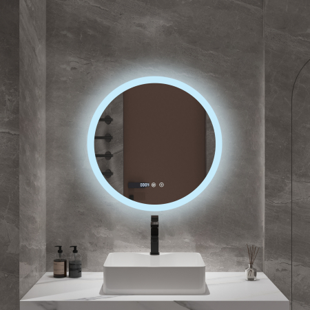 Oglindă LED rotundă cu funcție dezaburire 60×60 cm – Touch, 3 culori, ceas digital - 1140 [1]