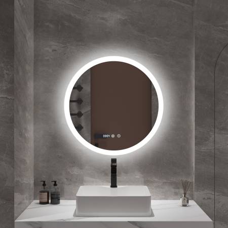 Oglinzi - Oglindă LED rotundă cu funcție dezaburire 60×60 cm – Touch, 3 culori, ceas digital - 1140