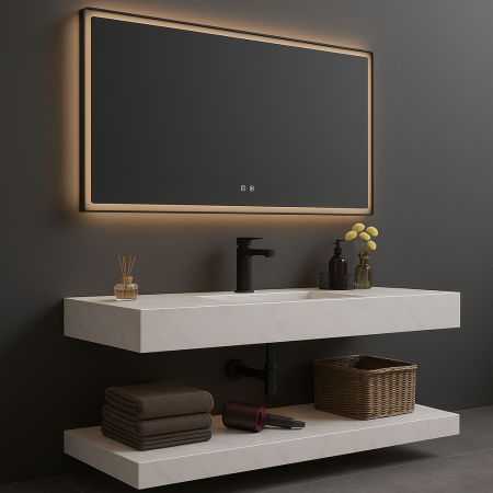 Set Mobilier Baie Suspendat 100 cm din Piatră Sinterizata cu Oglindă LED -  YB100-B [1]