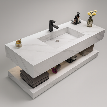 Set Mobilier Baie Suspendat 100 cm din Piatră Sinterizata cu Oglindă LED -  YB100-B [2]