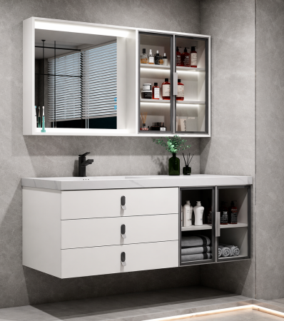 Mobilier baie - Set mobilier baie 100cm alb mat din PVC cu lavoar și oglindă LED cu dulap - 2970