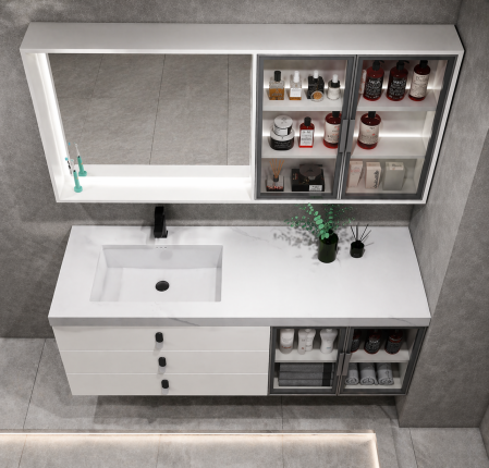 Set mobilier baie 100cm alb mat din PVC cu lavoar și oglindă LED cu dulap - 2970 [2]