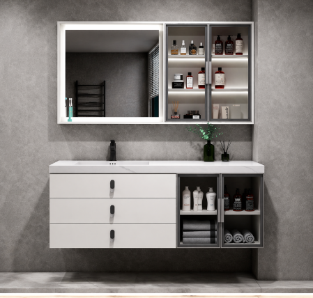Set mobilier baie 100cm alb mat din PVC cu lavoar și oglindă LED cu dulap - 2970 [1]