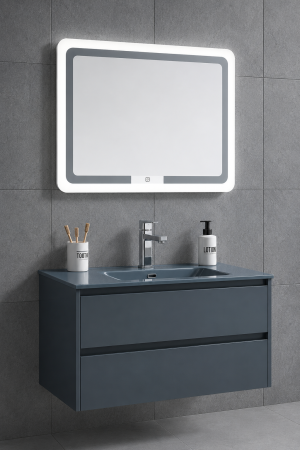 Mobilier baie - Set Mobilier Baie 80 cm Antracit – cu lavoar din sticla si Oglinda LED GGS24