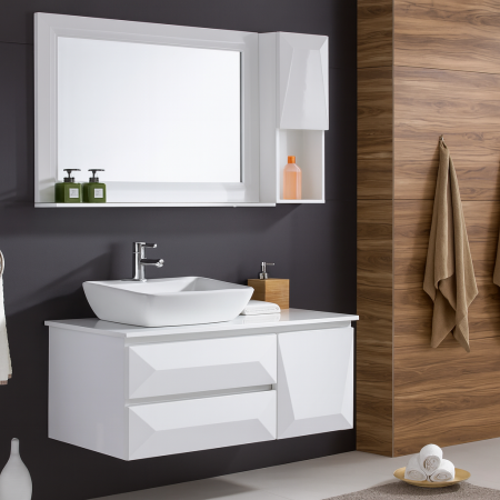 Mobilier - Set mobilier baie alb din PVC 90 cm cu lavoar ceramic și oglindă - 1955