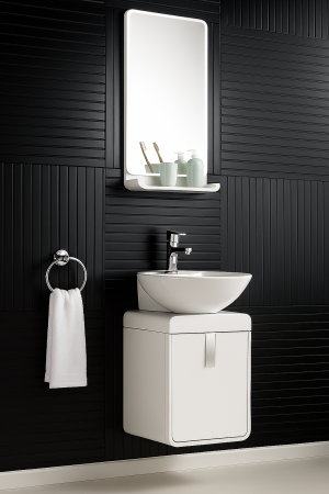 Set Mobilier Baie Compact 45x53 Alb mat – Lavoar Ceramic & Oglindă cu Raft 2969 [1]