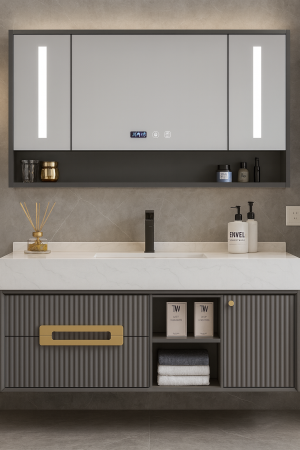 Mobilier baie - Set mobilier baie suspendat gri mat din PVC 120 cm cu lavoar și oglindă LED cu dulăpior - 2868