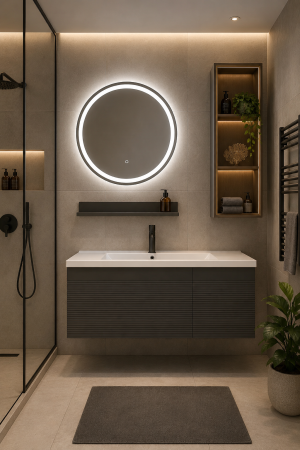 Baie - Set Mobilier Baie Gri mat 80 cm cu Oglindă LED și Dulap Iluminat 2818