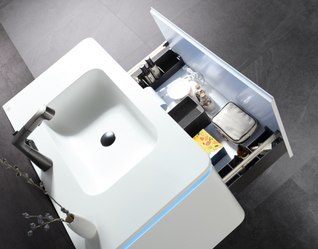 Set Mobilier Baie Suspendat 80 cm Alb Mat cu Lavoar Ceramic și Oglindă LED - GGS34 [2]