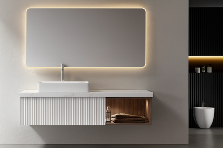 Mobilier baie - Set mobilier baie suspendat alb mat 100 cm cu lavoar ceramic și oglindă LED - 2737