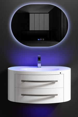 Mobilier baie - Set mobilier baie suspendat alb lucios din PVC 80 cm cu lavoar ceramic și oglindă LED - 2706