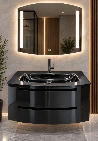 Mobilier baie - Set Mobilier Baie Negru lucios 80 cm – Corp PVC, Lavoar Sticlă și Oglindă LED 2247