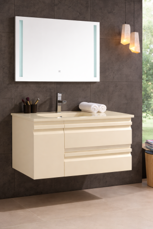 Set Mobilier Baie Suspendat 100 cm Crem din PVC cu Lavoar din Sticlă și Oglindă LED - 2837 [0]