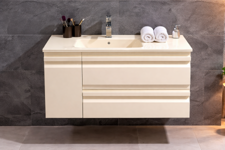 Set Mobilier Baie Suspendat 100 cm Crem din PVC cu Lavoar din Sticlă și Oglindă LED - 2837 [1]