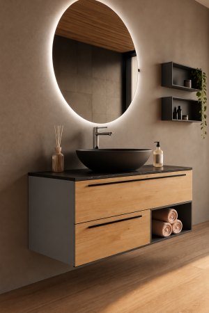 Set mobilier baie suspendat 100 cm cu lavoar ceramic și oglindă LED - 2742 [1]