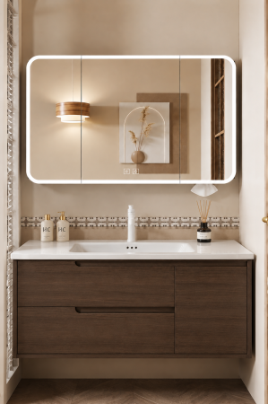 Mobilier baie - Set mobilier baie suspendat 100 cm cu lavoar ceramic și oglindă LED cu funcție de dezaburire și dulap – Nuc Închis - GGS113
