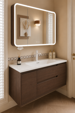 Set mobilier baie suspendat 100 cm cu lavoar ceramic și oglindă LED cu funcție de dezaburire și dulap – Nuc Închis - GGS113 [1]