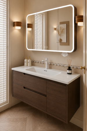 Set mobilier baie suspendat 100 cm cu lavoar ceramic și oglindă LED cu funcție de dezaburire și dulap – Nuc Închis - GGS113 [2]