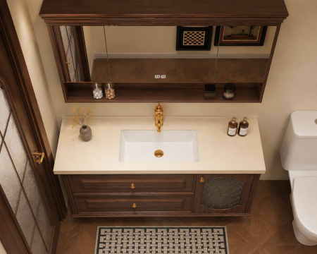Set mobilier baie suspendat 100 cm cu lavoar din piatră compozită și oglindă LED cu funcție de dezaburire și dulap – Plywood Premium, finisaj Nuc Clasic – GGS128 [2]