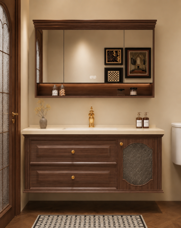 Mobilier baie - Set mobilier baie suspendat 100 cm cu lavoar din piatră compozită și oglindă LED cu funcție de dezaburire și dulap – Plywood Premium, finisaj Nuc Clasic – GGS128