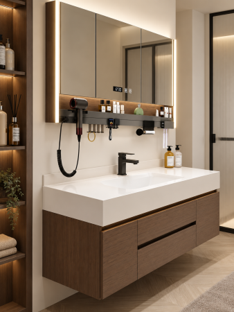 Set mobilier baie suspendat 100 cm cu lavoar și oglindă LED cu dulap – Nuc Închis - GGS193 [1]