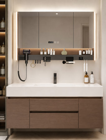 Mobilier baie - Set mobilier baie suspendat 100 cm cu lavoar și oglindă LED cu dulap – Nuc Închis - GGS193