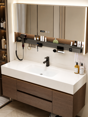 Set mobilier baie suspendat 100 cm cu lavoar și oglindă LED cu dulap – Nuc Închis - GGS193 [1]