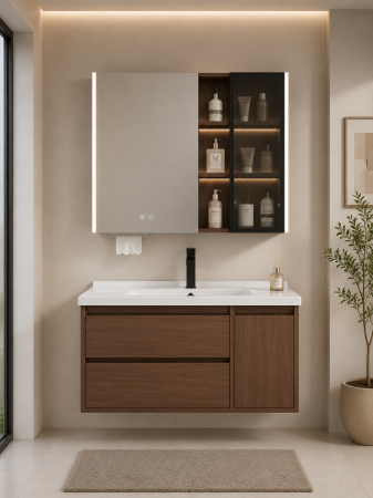 Baie - Set mobilier baie suspendat 100 cm cu lavoar și oglindă LED cu dulap – Nuc Închis - GGS195
